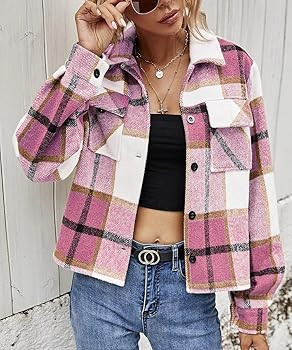 Binshre Womens Cropped Plaid Shacket Flannel Long Sleeve Button Down Jackets Coat for Women | Amazon (US)