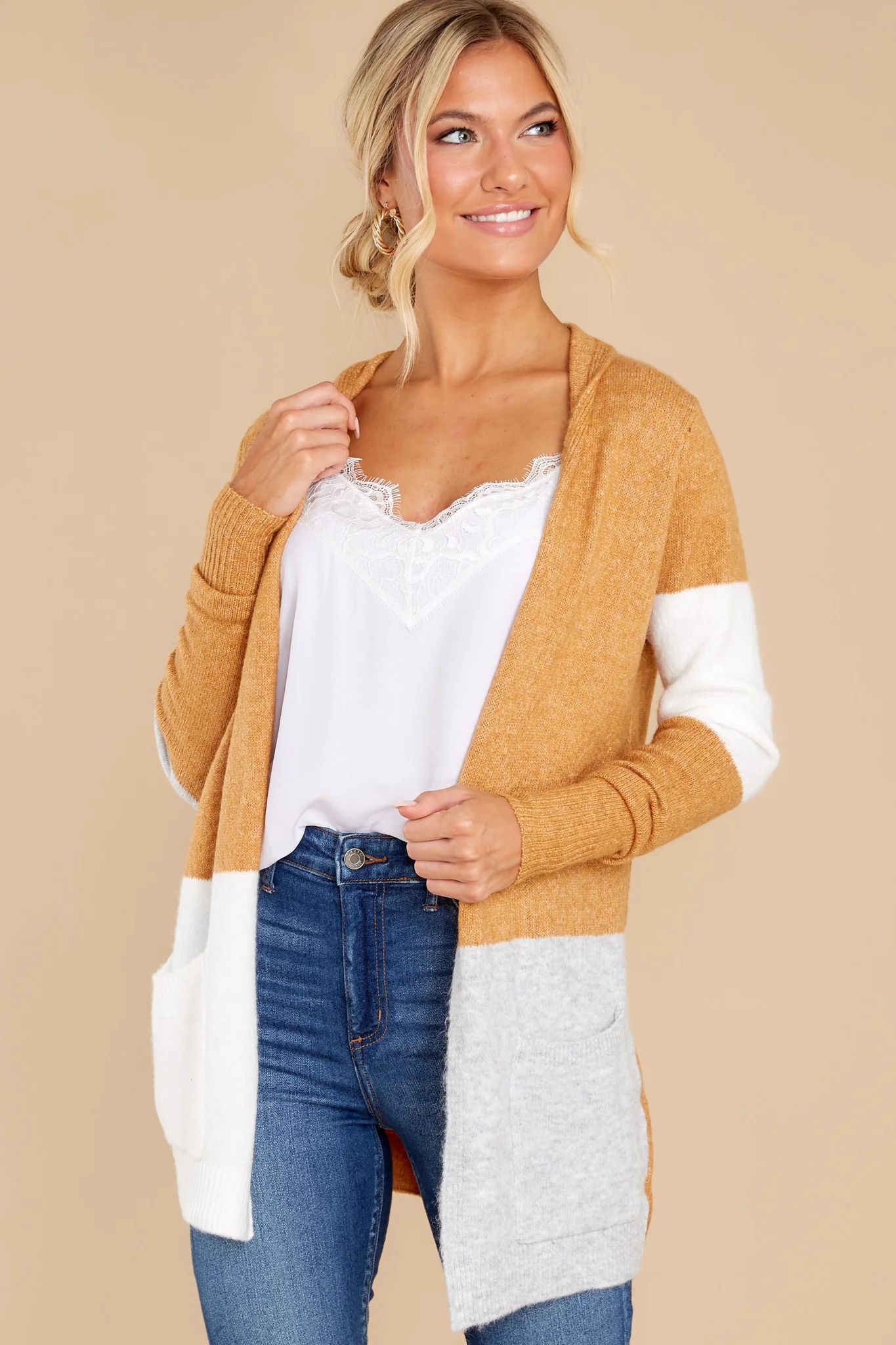Without Fail Camel Colorblock Cardigan | Red Dress 