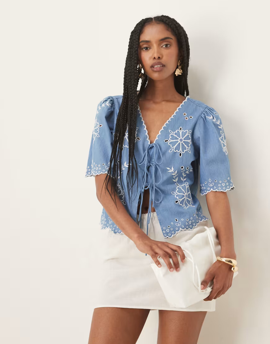 Nobody's Child tie-detail embroidered denim top in vintage wash-Blue | ASOS (Global)