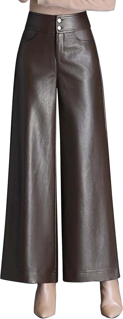 HaoMay Women's High Waist Wide Leg PU Faux Leather Cropped Pants Culottes | Amazon (US)