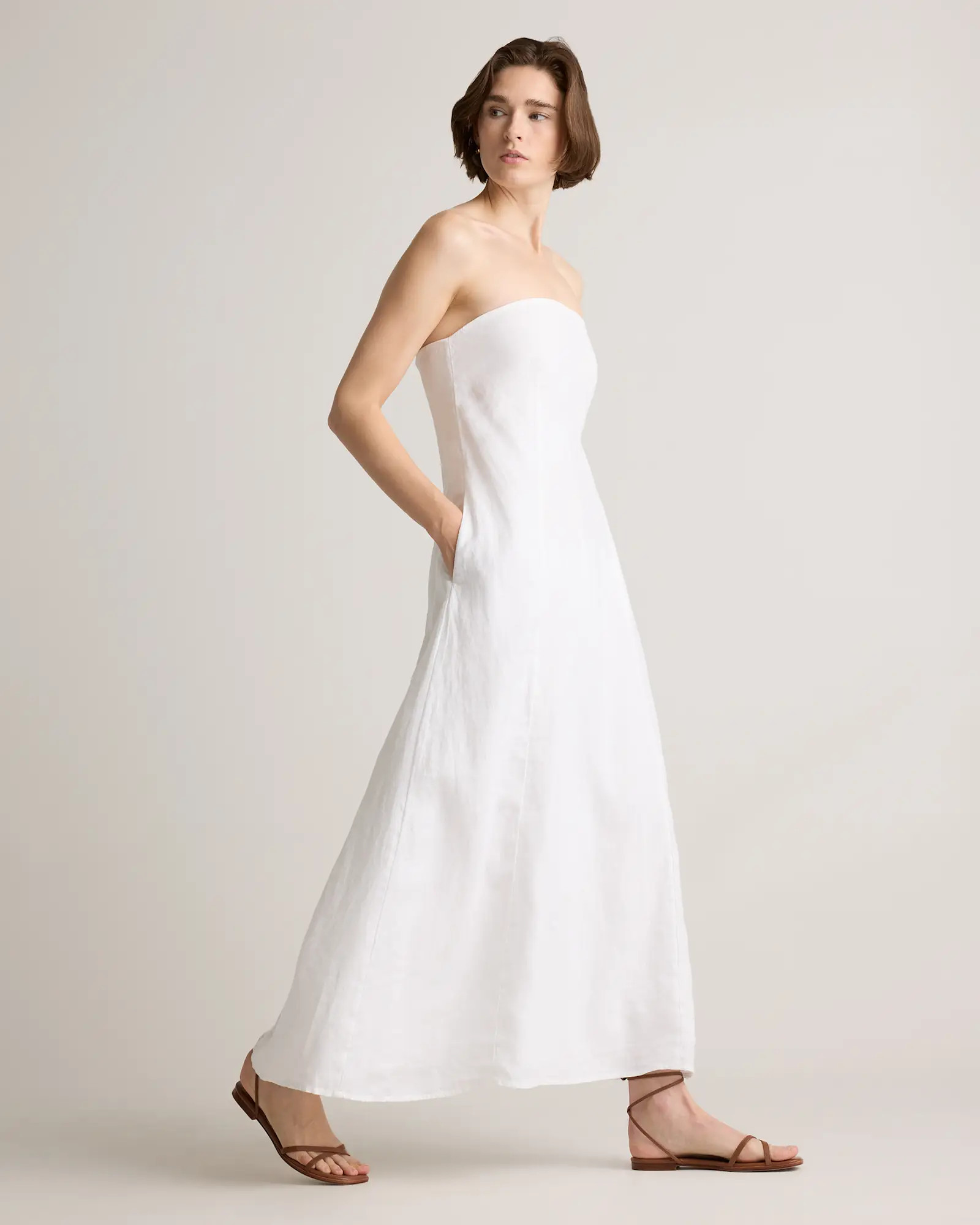 100% European Linen Strapless Maxi Dress in White | Quince