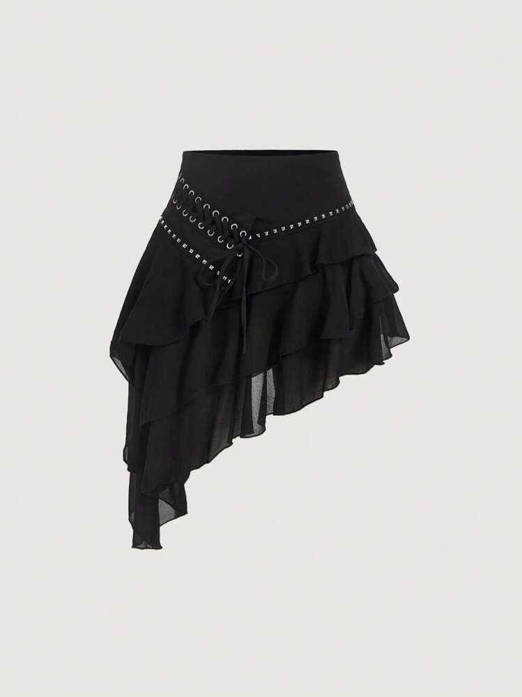 SHEIN MOD Women's Multi-Layer Ruffle Asymmetric Hem Skirt, Bohemian, Vacation, Holiday, Casual Black Goth | SHEIN