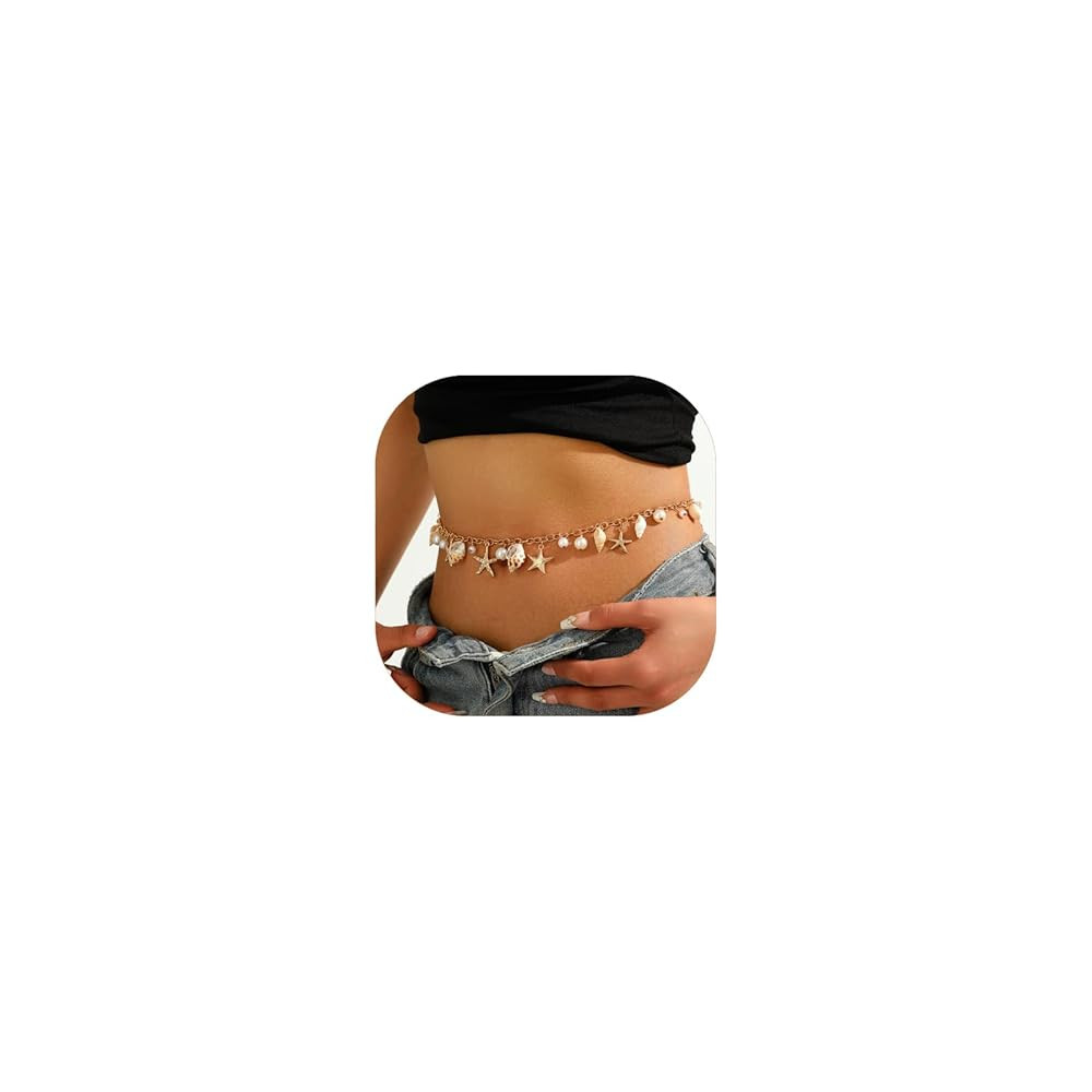 Seashell Starfish Waist Chain for Women Boho Conch Belly Body Chains Summer Beach Pearl Waist Bod... | Amazon (US)