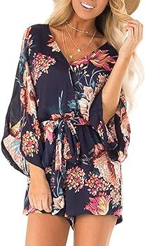 AIMCOO Women's Summer Floral Print Jumpsuits Long Baggy Sleeve High Waist Tie Knot Rompers Casual... | Amazon (US)
