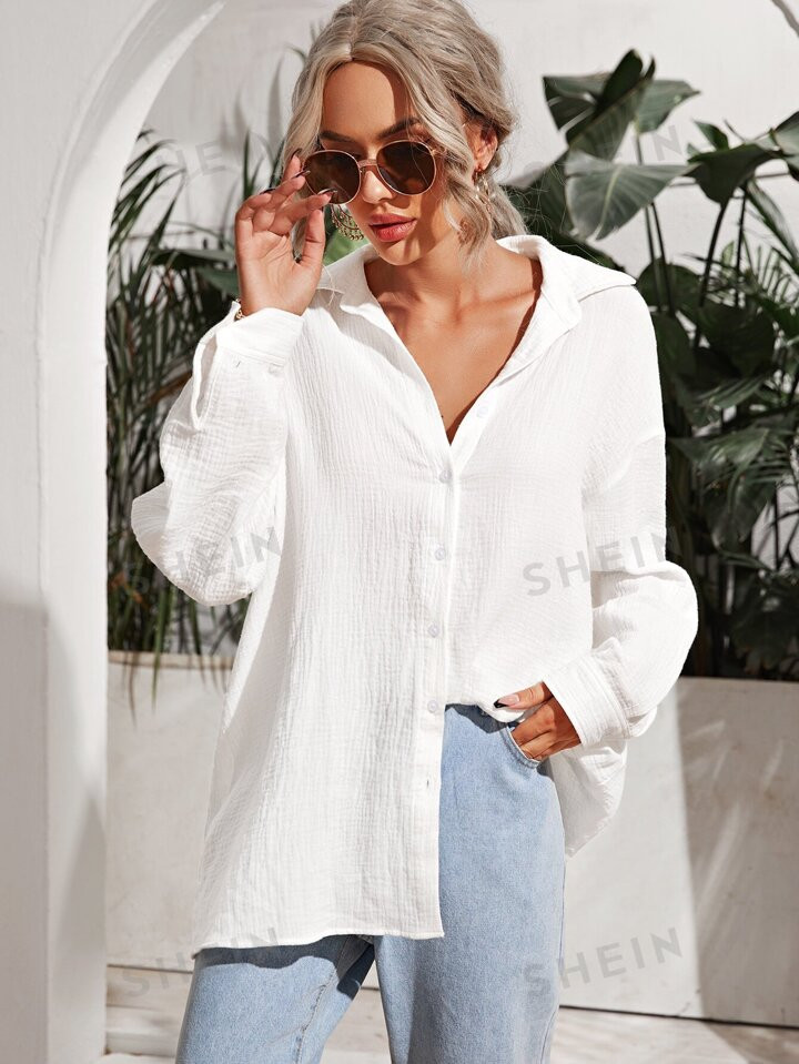 SHEIN Frenchy Drop Shoulder Solid Longline Shirt Summer Tops Vacation Clothes | SHEIN