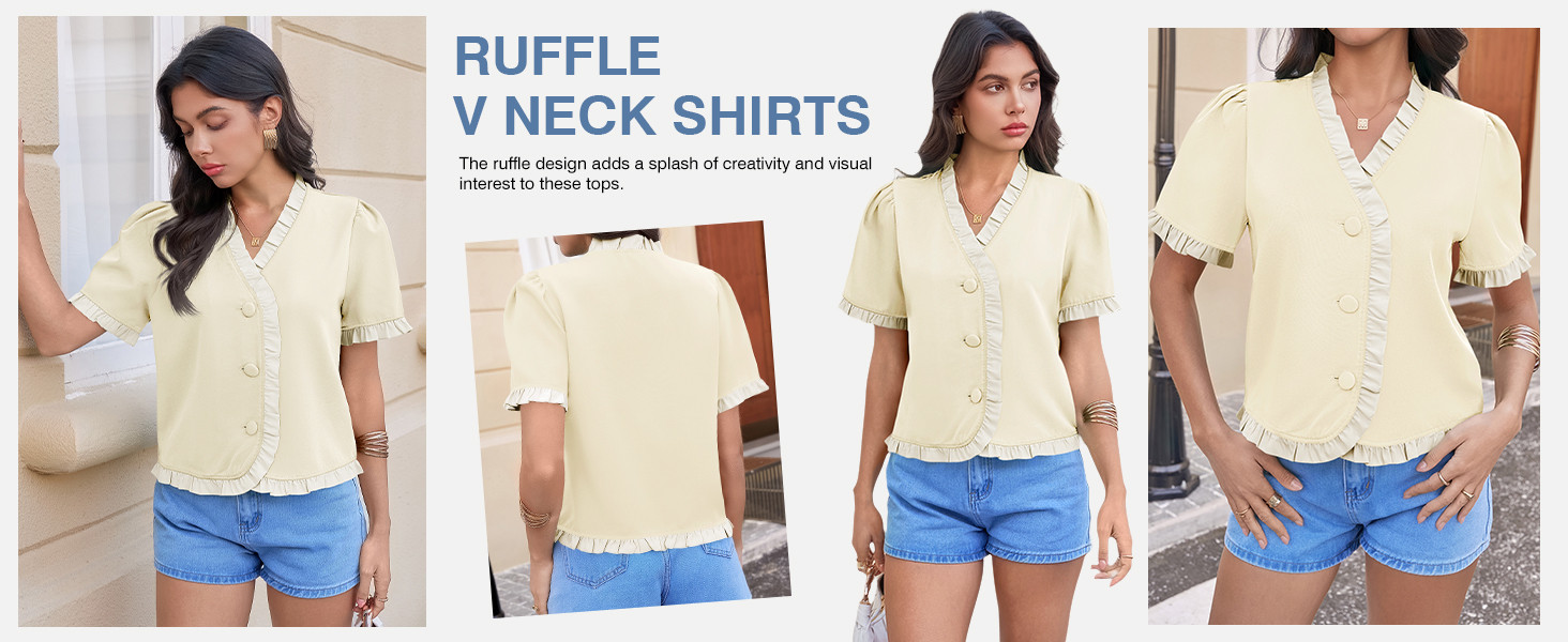Amazon.com: Tankaneo Womens Cropped Short Puff Sleeve Blouse Summer Ruffle V Neck Button Down Shirts Dressy Casual Work Tops Beige : Clothing, Shoes & Jewelry | Amazon (US)