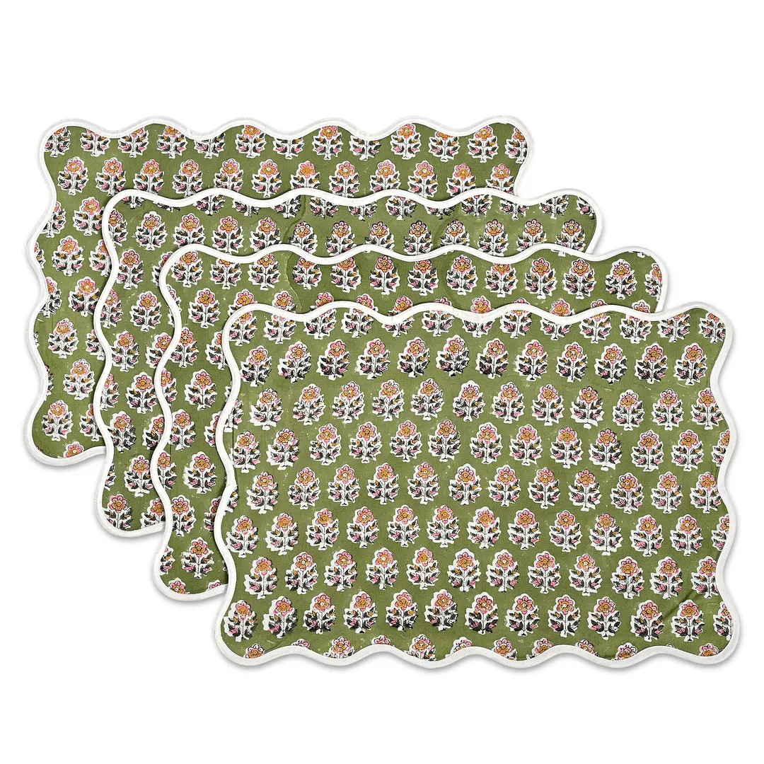 Jade Green Scallop Reversible Placemats – Hand Block Printed Cotton Floral Table Mats With Pipi... | Etsy (US)