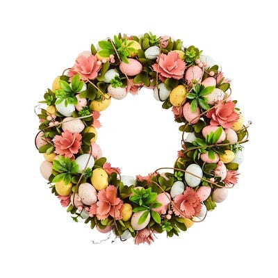 Click for more info about 19" Multicolor Eggs & Wood Curl Flowers Wreath
