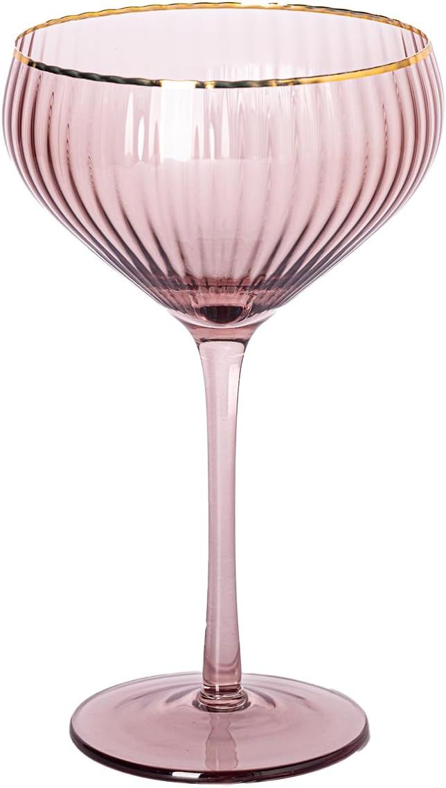 Mary Square 47881 Ribbed Mauve Pink Gold Rim 12 ounce Glass Sparkling Champagne Coupe Glass | Amazon (US)