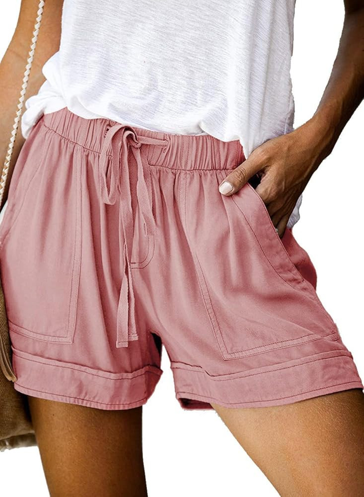 ANGGREK Womens Elastic Waist Casual Drawstring Shorts Summer Beach Shorts Comfy Ruffle Hem Short ... | Amazon (US)