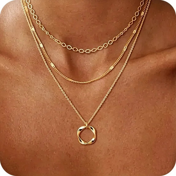 GOSFRY 3 layer 14K Gold/Silver Plated Necklaces Set for Women Dainty Stackable Circle Pendant Cha... | Walmart (US)