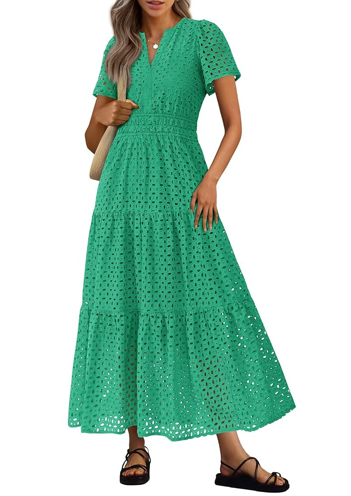 PRETTYGARDEN Womens 2025 Summer Maxi Dress Short Sleeve V Neck Hollow Out Eyelet A Line Long Flow... | Amazon (US)