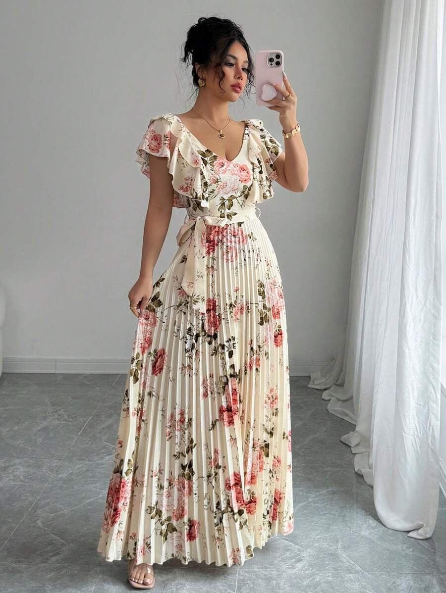 Elenzga V-Neck Digital Floral Print Vacation Flounced Waist A-Line Elegant Romantic Women Dress | SHEIN