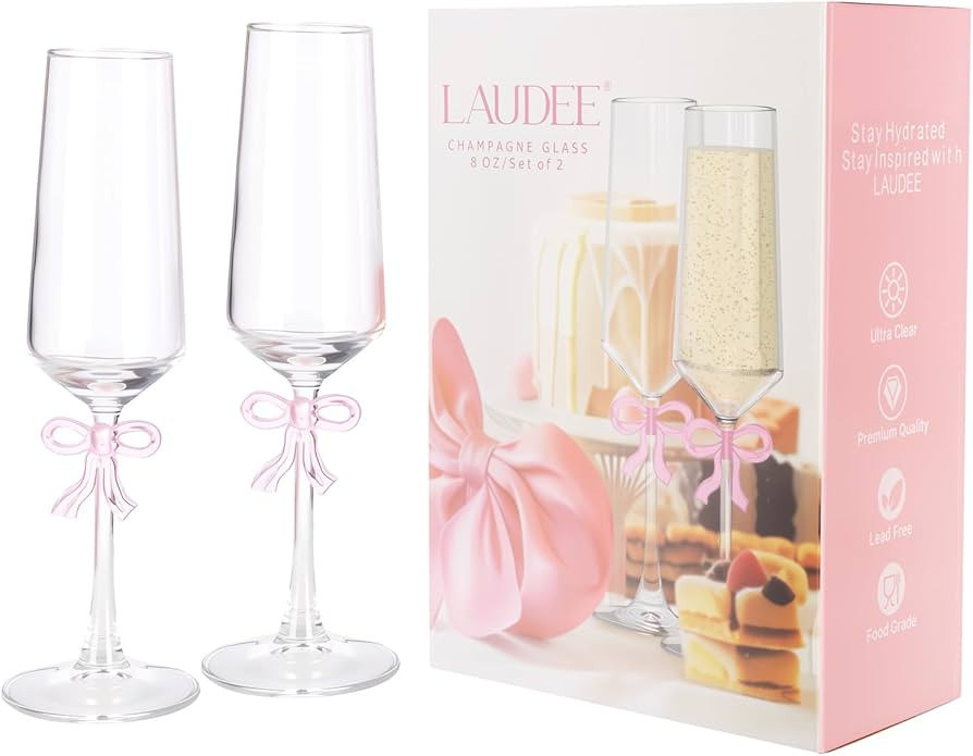 Champagne Glasses Set of 2, 8oz Elegant Crystal Stemmed Champagne Flutes with Pink Bow for Prosec... | Amazon (US)