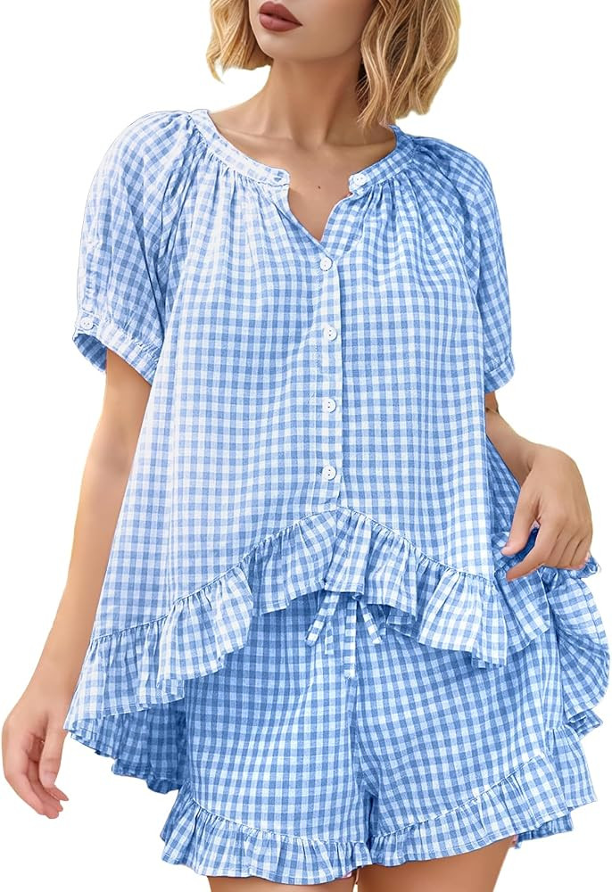 Yimoon Womens Gingham Pajamas Set Plaid Cotton Pj Set Puff Sleeve Ruffle Babydoll Shirt Shorts Su... | Amazon (US)