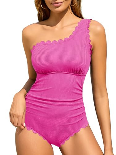 Summer Mae One Shoulder Women's One Piece Swimsuit Ribbed Scalloped Swim Suits Slimming Full Coverage Modest Bathing Suit Pink 6-8 | Amazon (US)