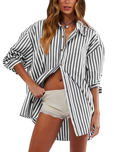 Womens Button Down Shirts Striped Classic Long Sleeve Collared Office Work Blouses Tops with Pocket S-2xl Black | Amazon (US)