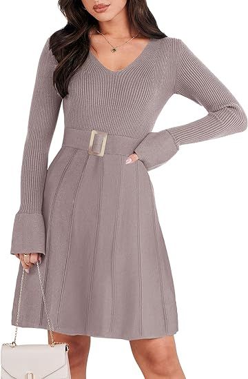 ANRABESS Women's Sweater Dress Long Sleeve V Neck Tie Waist Pleated A-Line 2023 Elegant Ribbed Kn... | Amazon (US)