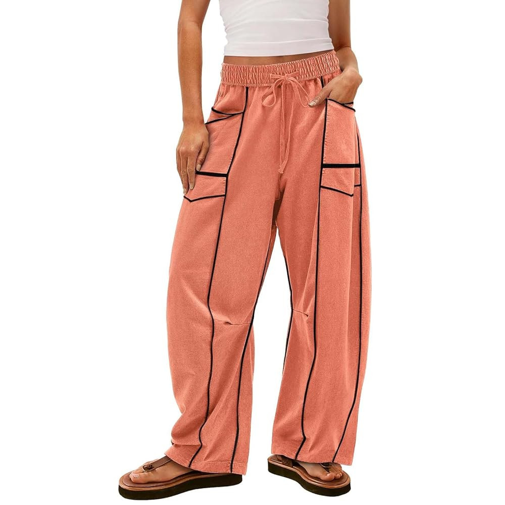 Womens Barrel Pants Baggy Wide Leg Pants Casual Palazzo Pant Drawstring Waist Lounge Pant with Po... | Amazon (US)