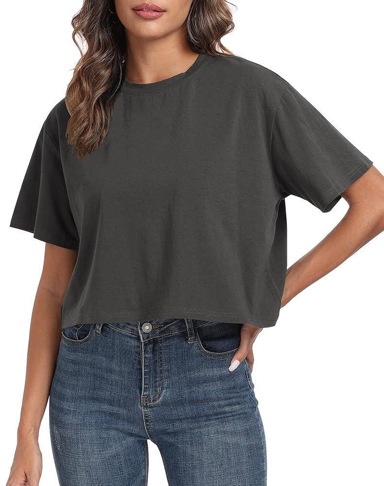 PRIMODA Women's Oversized Workout Cropped T Shirts Crew Neck Short Sleeve Casual Loose Summer Cro... | Amazon (US)