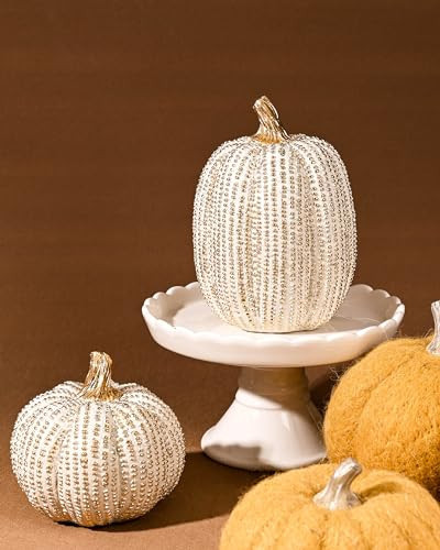 Fall Thanksgiving Pumpkin Decor Figurines, 2 PCS Fake Pumpkin Statues for Tabletop Decorating, White and Gold Resin Pumpkins for Autumn Harvest Luxury Fall Home Decor, Farmhouse, Gift Package | Amazon (US)