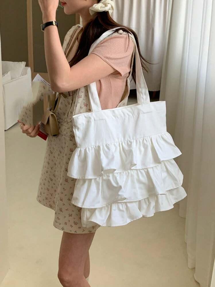 2024 Summer New Ruffle Shoulder Canvas Bag, Korean Version Academic Style Student Tote Bag, Gentl... | SHEIN