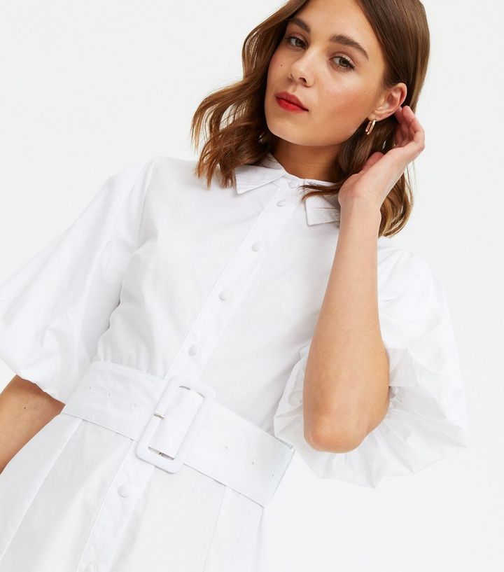 QUIZ White Belted Puff Sleeve Shirt Dress
						
						Add to Saved Items
						Remove from Saved... | New Look (UK)