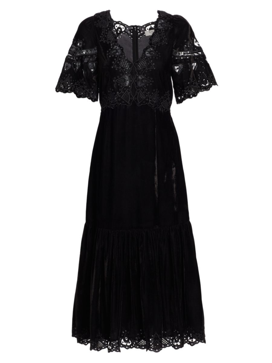 Eliana Embroidered Velvet Midi-Dress | Saks Fifth Avenue