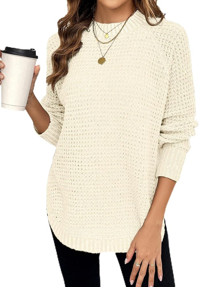 Womens Chunky Waffle Knit Sweater Fall 2025 Trendy Dressy Casual Crewneck Pullover Sweaters | Amazon (US)
