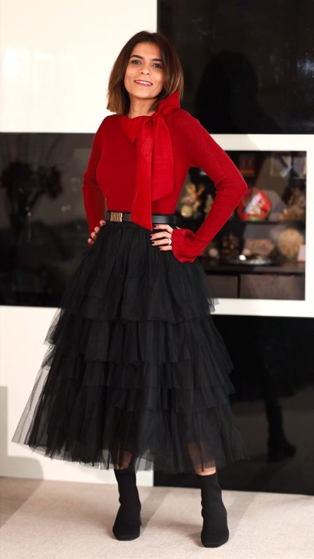 Burgundy Red Maroon Knot Top Black Tulle Midi Skirt Black Ankle Boots Dior Black Leather Belt Festive Outfit Christmas Outfit Red and Black Outfit 

#LTKSeasonal #LTKHoliday #LTKover40