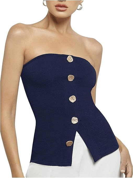 OYOANGLE Women's Button Front Slit Hem Tube Top Strapless Textured Slim Fit Tops | Amazon (US)