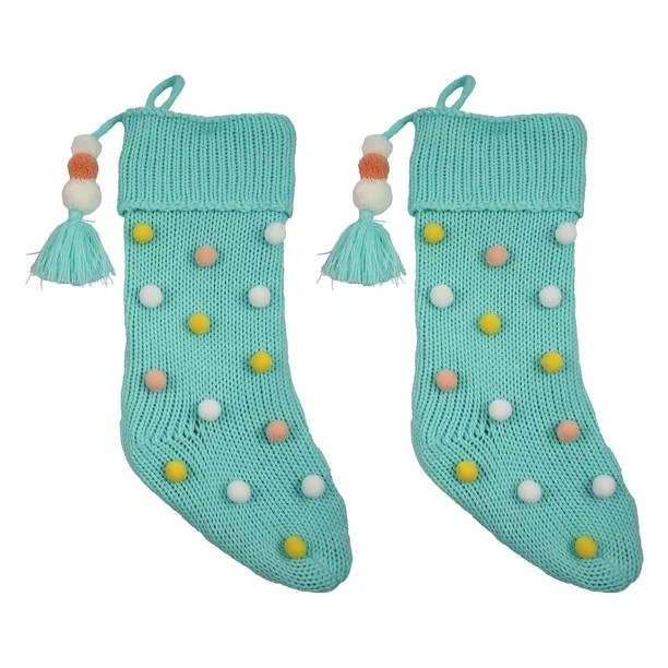 Holiday Time Mint Pom Pom Knit Stockings, 20", 2 Pack - Walmart.com | Walmart (US)