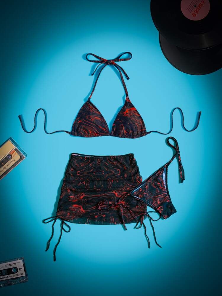 ROMWE Cyber Luvr 3pack Fluid Pattern Halter Bikini Swimsuit & Beach Skirt | SHEIN