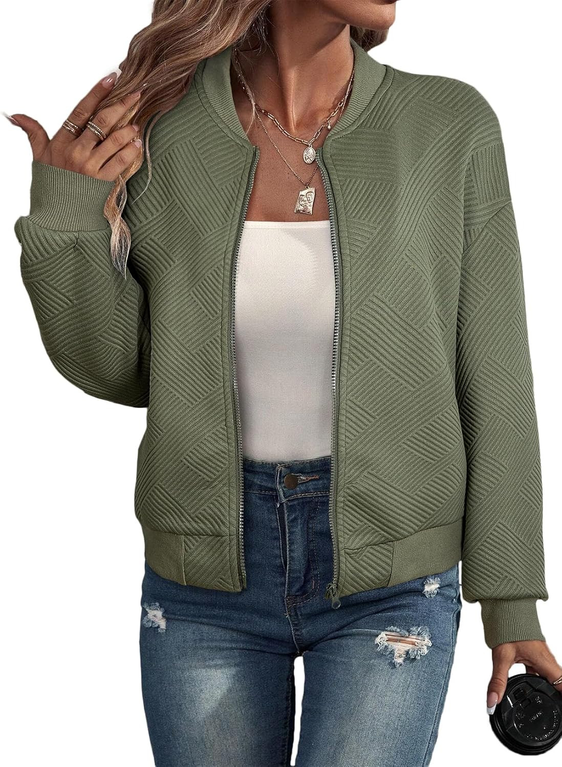 EVALESS Womens Bomber Jacket Casual Stand Collar Zip Up Coat with Pockets | Amazon (US)