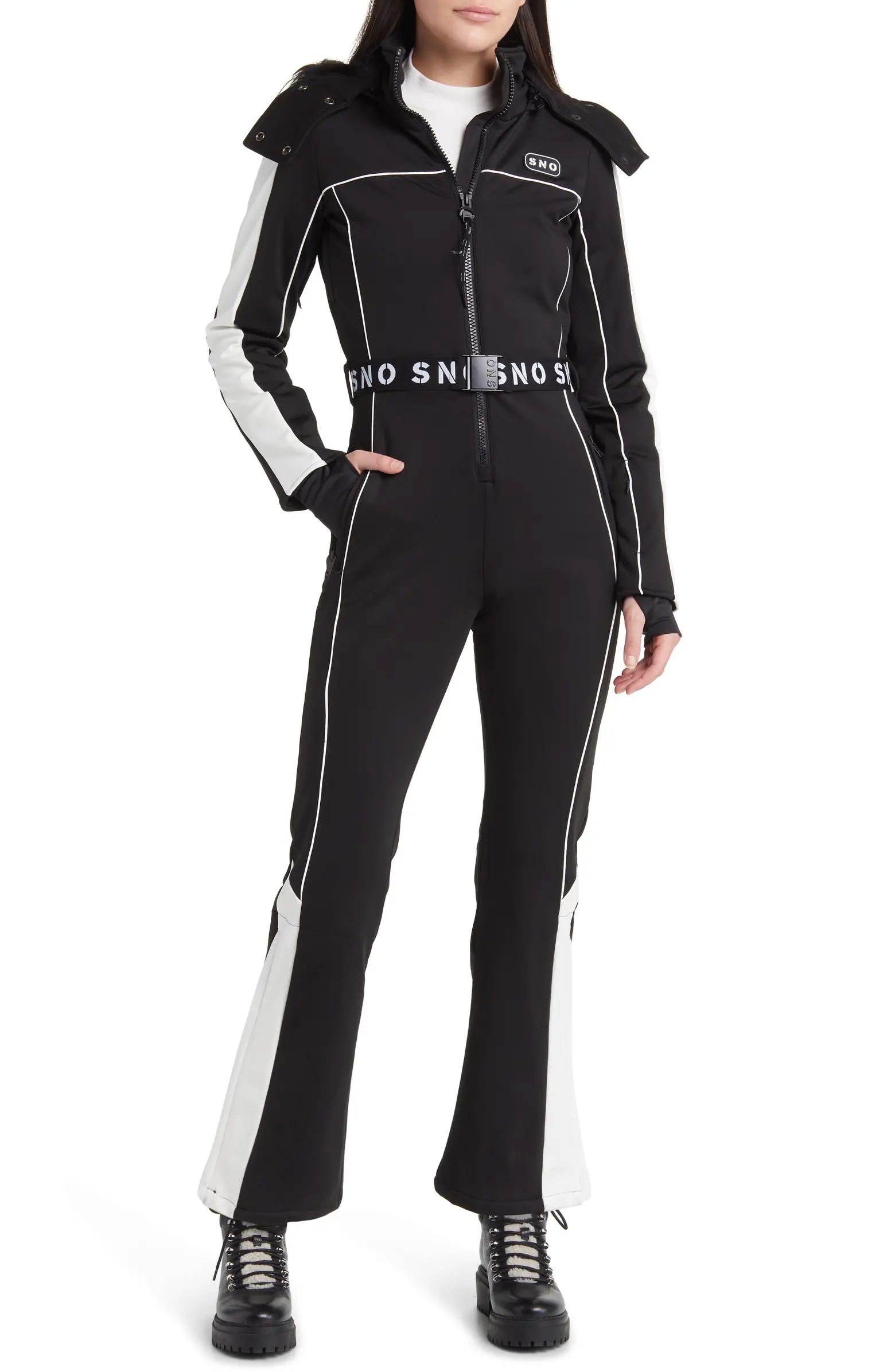 Hooded Belted Flare Leg Ski Suit with Faux Fur Trim | Nordstrom