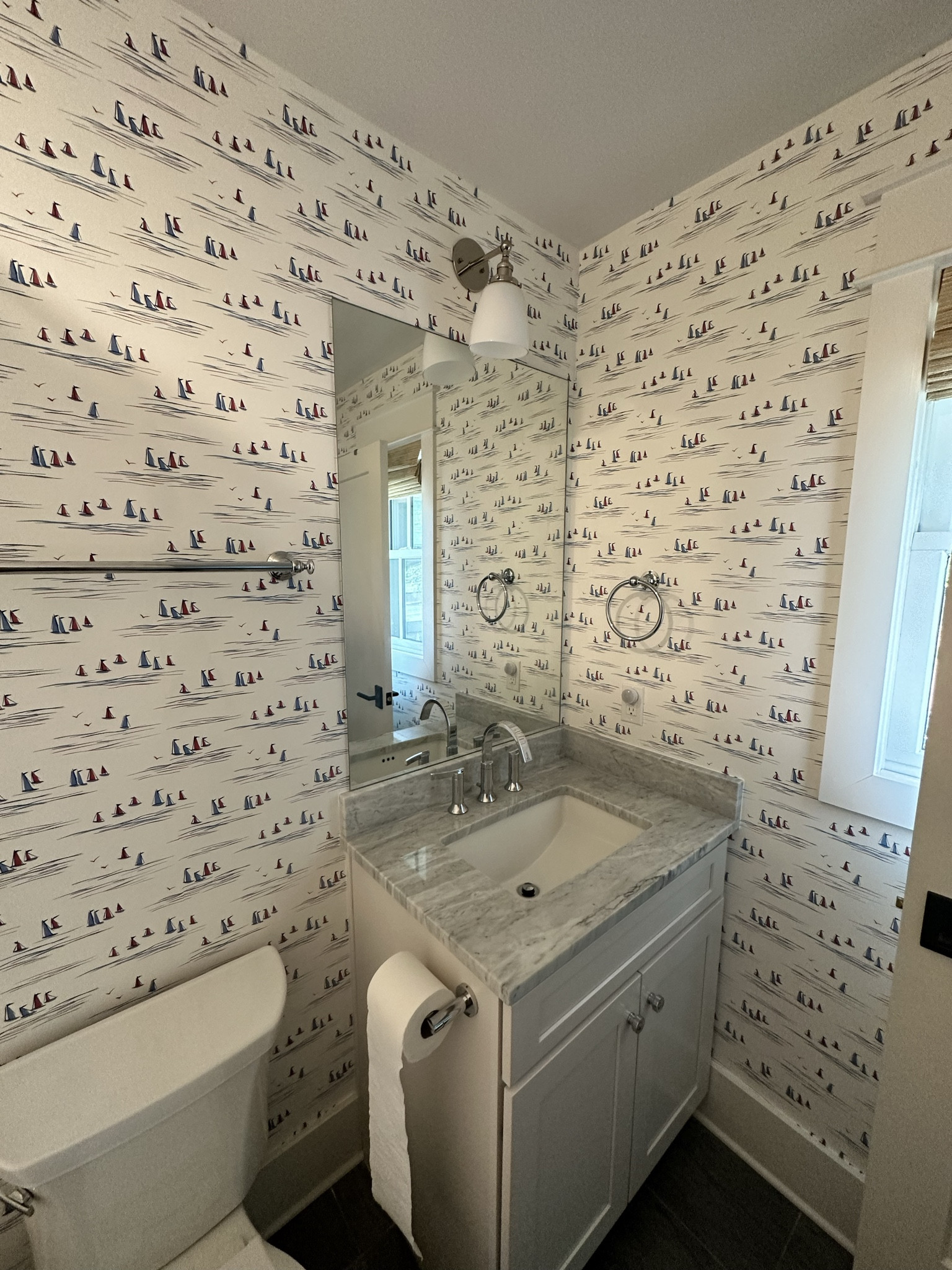 Beach house wallpaper with sailboats!! Such a cute print for a fun kids bathroom  

#LTKhome