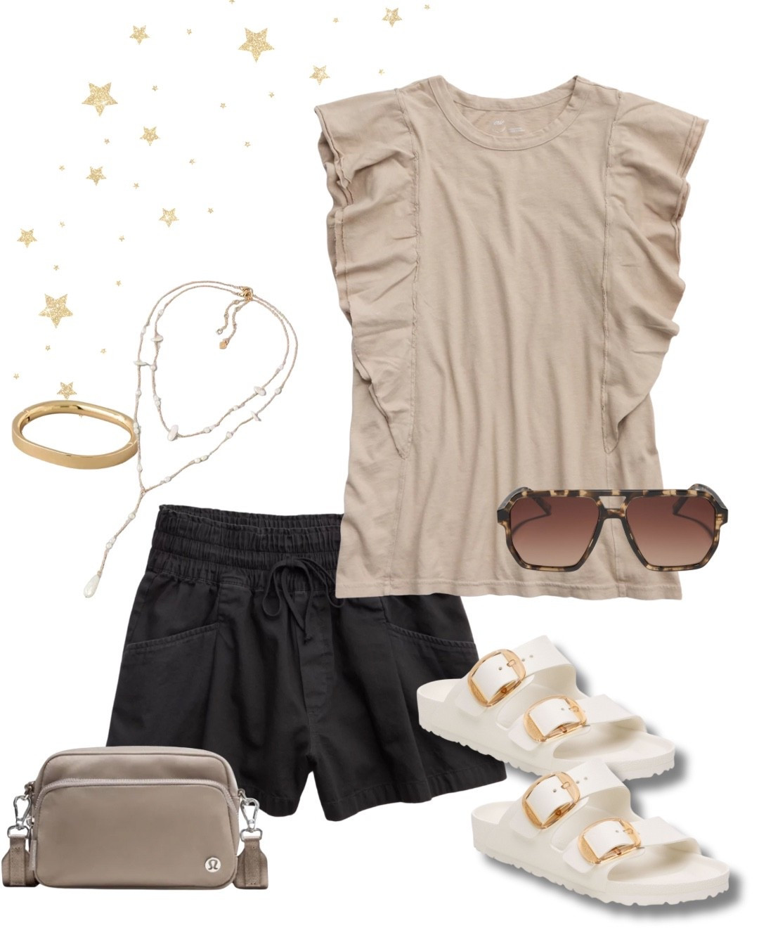 Everyday mom style but make it chic ✨
This neutral combo is on repeat lately — it’s comfy, effortless, and pulled together with just the right accessories.

🖤 This ruffle sleeve tee is super flattering (especially on broader shoulders or fuller arms) and gives that elevated vibe to a basic tee.
🖤 The black pull-on shorts are lightweight and perfect for hot days — comfy but not sloppy.
🖤 Styled with my go-to Birkenstock dupes (under $50!) + gold accents to dress it up just enough.
🖤 Lululemon crossbody = mom bag of dreams — holds everything and still looks sleek.
🖤 Added a layered necklace + bold sunnies to finish it off 💫

I’m midsize, 5’6”, and everything runs true to size. Linked it all on LTK! #midsizefashion #momstyle #casualchic #ltkmidsize #ltkmom #neutraloutfit #easyoutfit #birkenstockdupe #birkenstock #aerie 

#LTKStyleTip #LTKMidsize #LTKOver40