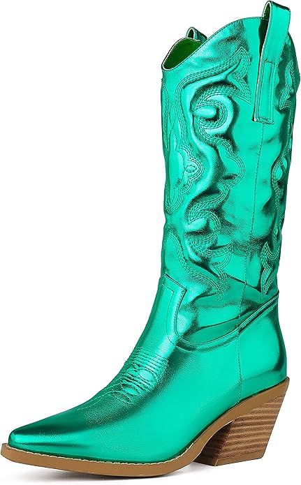 Cowboy Boots for Women Embroidered Stitching Chunky Stacked Heel Cowgirl Boots Snip Toe Slip On M... | Amazon (US)