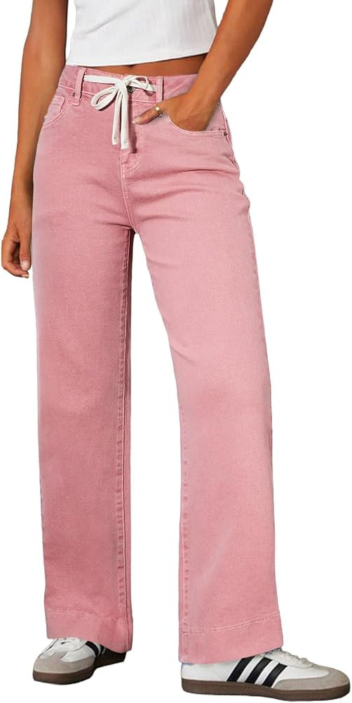 Sidefeel Women's Wide Leg Jeans High Waisted Stretchy Straight Leg Baggy Drawstring Zimbaplatinum... | Amazon (US)