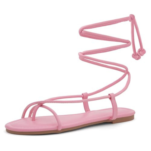 Shoe Land SL-Auday Women's Lace-Up Flat Sandals, Open Toe Tie-Up Ankle Wrap Slingback Crisscross Strappy Casual Sandals for Summer, Beach, and Daily Wear, 2024Pink, Size 7.5 | Amazon (US)
