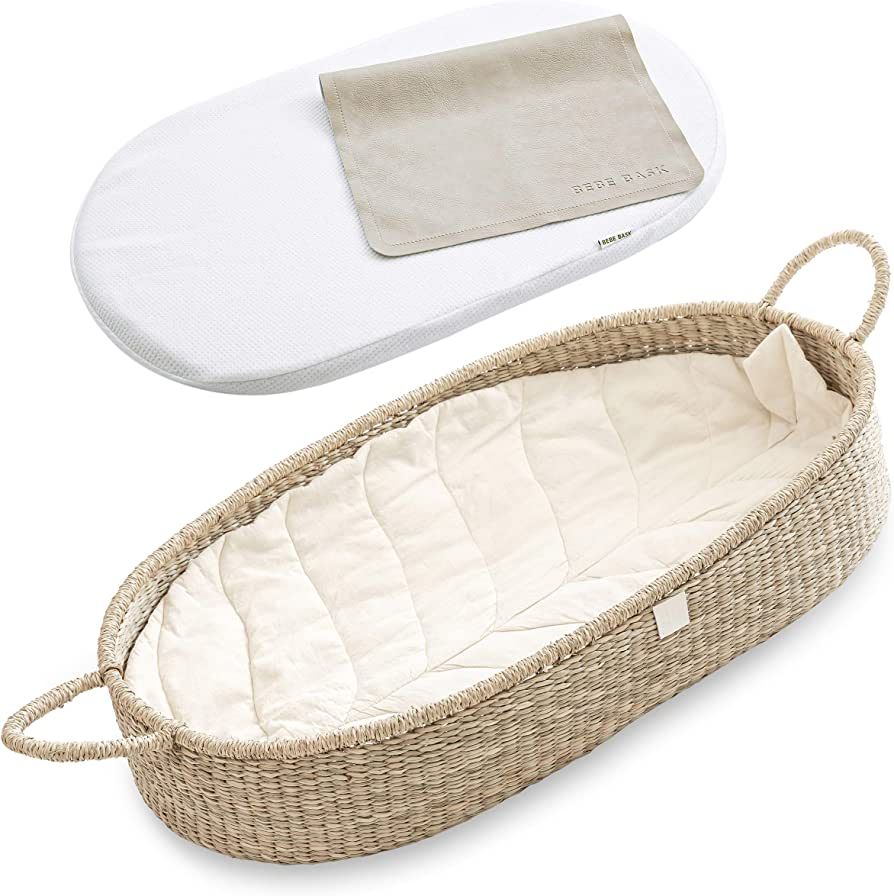 Bebe BASK Premium Baby Changing Basket - Handmade Natural Seagrass Moses Basket - Luxury Leaf Lin... | Amazon (US)