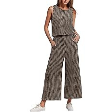 IWOLLENCE Women's Summer 2 Piece Outfits Set Round neck Sleeveless Tank Crop Top Wide Leg pants S... | Amazon (US)