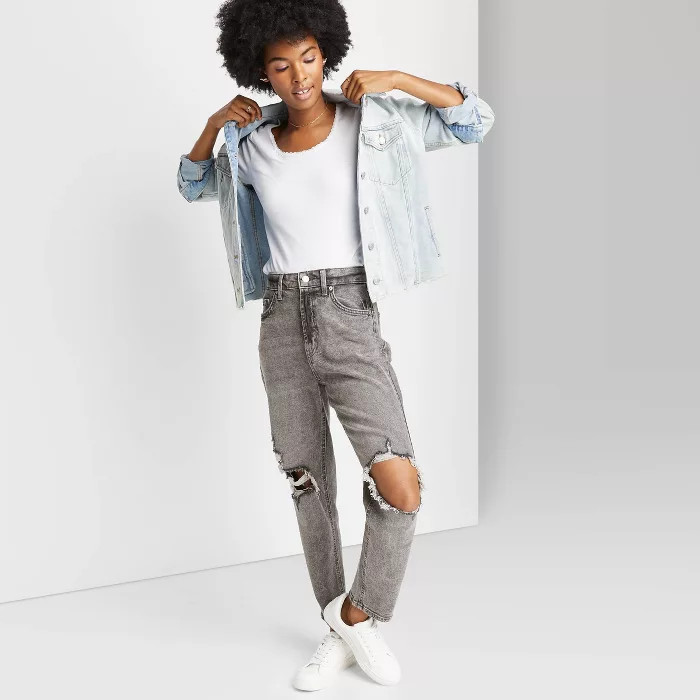 Women's Super-High Rise Distressed Mom Taper Jeans - Wild Fable™ Dark Gray Wash 0 | Target