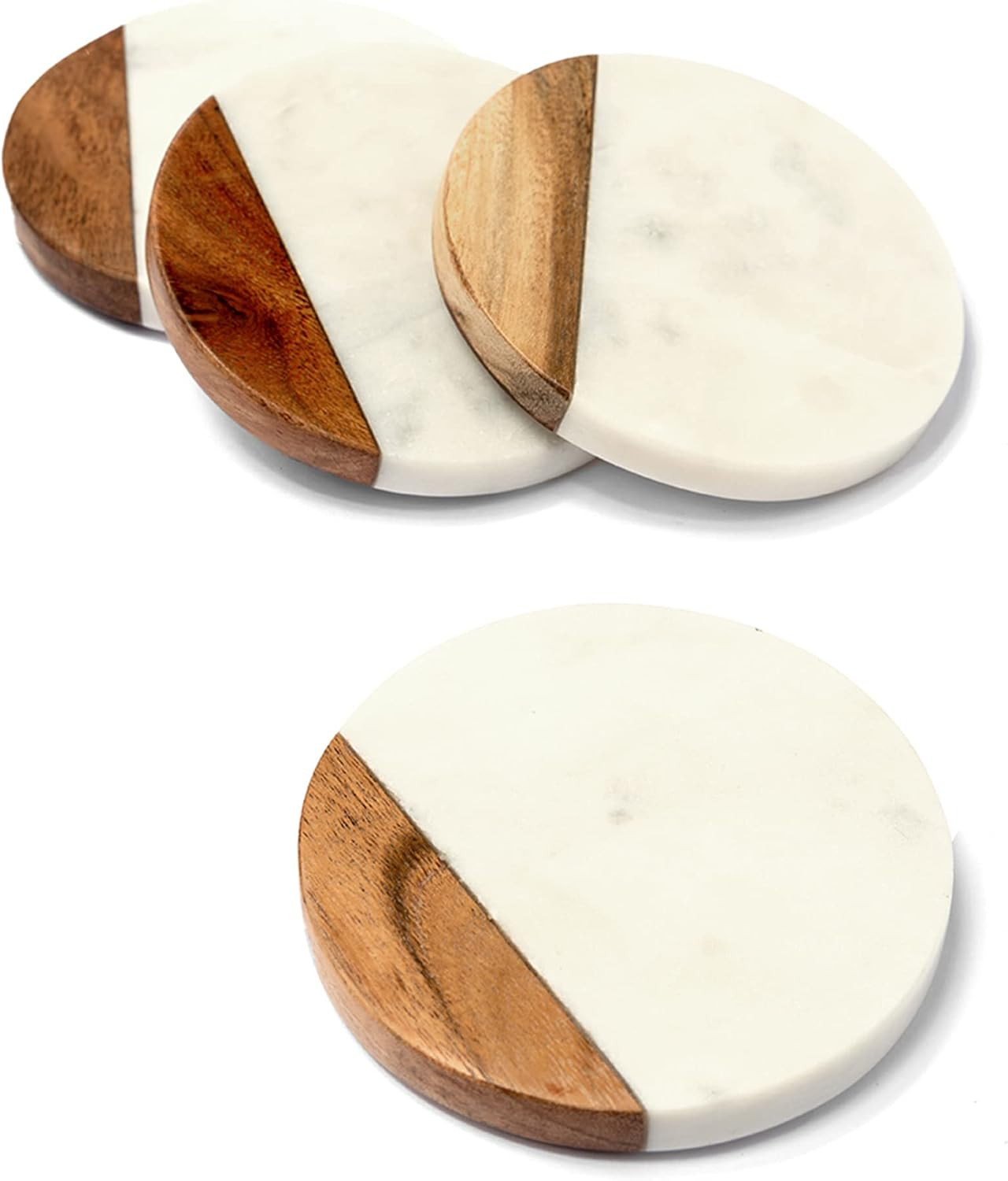Lexi Home Genuine White Marble & Wood Coasters, Round Coaster Set for Coffee Bar & Kitchen Table,... | Amazon (US)