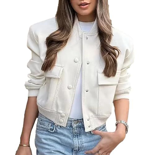 Bozanly Women's Stand Collar Button Down Cropped Shacket Jacket Solid Color Varsity Bomber Jacket... | Amazon (US)