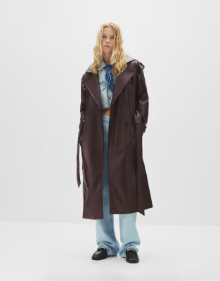 Pull&Bear Faux leather trench coat in wine | ASOS (Global)
