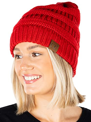 Funky Junque Women's Solid Ribbed Slouchy Beanie Hat Soft Stretch Warm Winter Knit Toboggan Stocking Cap One Size - Red | Amazon (US)