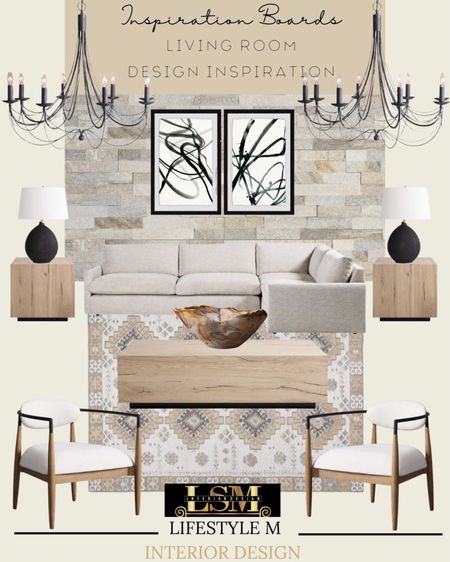 Living room design ideas. Living room inspiration for transitional and modern farmhouse homes. Recreate then look. White sectional sofa, accent chairs, living room rug, wood coffee table, wood end tables, decor bowl, black table lamp, modern wall art, chandelier lights, stone wall accents. 

#LTKstyletip #LTKhome #LTKSeasonal