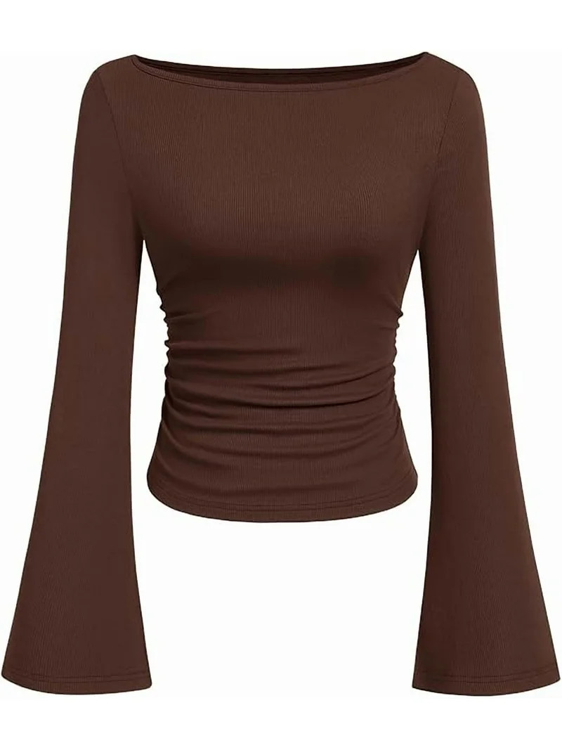 PRETTYGARDEN Women's Long Sleeve Shirts Fall Going Out Tops Casual Boat Neck Bell Sleeve Ribbed R... | Walmart (US)