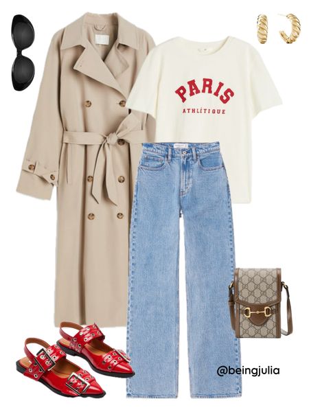 Spring outfit inspiration! 
-Tan trench coat
-Paris graphic T-shirt 
-High rise relaxed jeans in a light wash
-Red buckled flats
-Gucci mini crossbody bag in canvas
-Celine Triomphe sunglasses 
-Gold croissant dome hoops


#LTKSeasonal #LTKstyletip #LTKfindsunder100